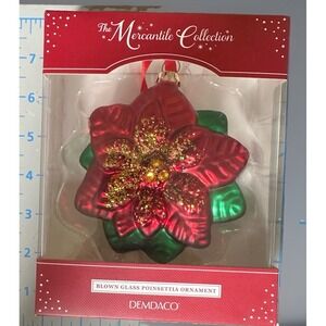 New In Box Large Glass Glitter Poinsettia Ornament Christmas Holiday